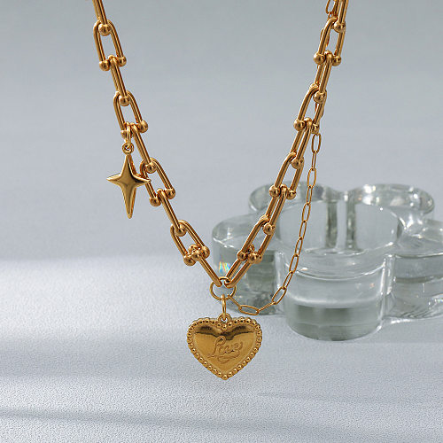 Estilo simples romântico amor estrela coração forma de aço inoxidável chapeamento corrente colar pingente banhado a ouro 18K