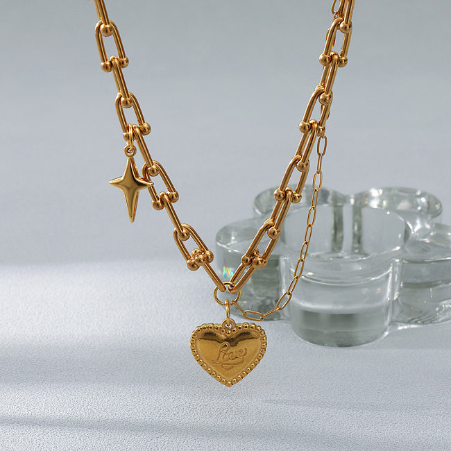 رومانسية بسيطة نمط الحب نجمة شكل قلب الفولاذ المقاوم للصدأ سلسلة مطلية بالذهب 18K قلادة قلادة