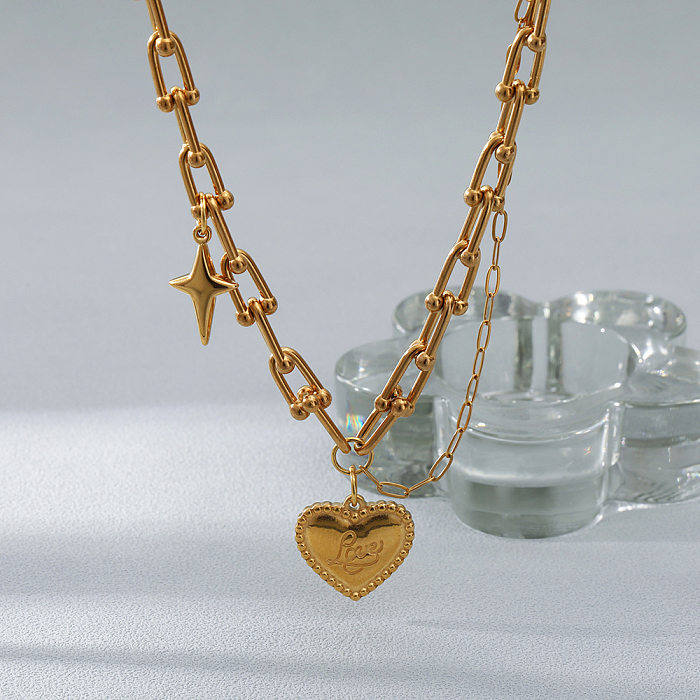 رومانسية بسيطة نمط الحب نجمة شكل قلب الفولاذ المقاوم للصدأ سلسلة مطلية بالذهب 18K قلادة قلادة