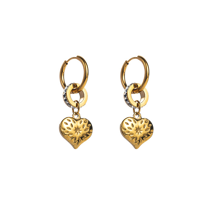 1 par de brincos banhados a ouro com strass em aço inoxidável em formato de coração fofo
