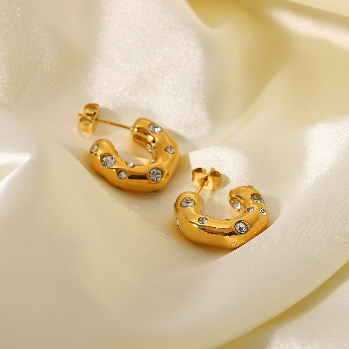 Special-shaped Hammer Pattern Inlaid Zirconium C-shaped Earrings 18K Gold-plated Stainless Steel  Earrings