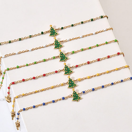 Bracelets plaqués or en acier inoxydable et émail, Style dessin animé, mignon arbre de noël, vente en gros