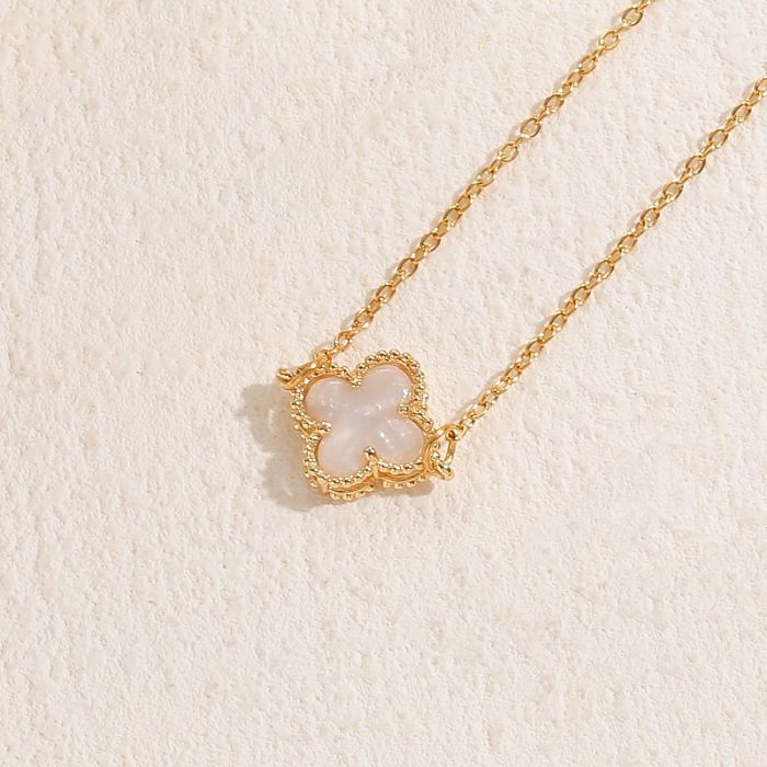 Vacation Classic Style Four Leaf Clover Round Heart Shape Stainless Steel Plating Inlay Resin Shell Zircon 14K Gold Plated Pendant Necklace