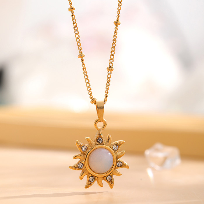 Retro Sun Oval Stainless Steel Plating Inlay Natural Stone Gold Plated Pendant Necklace