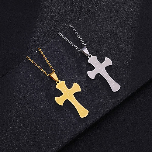 Casual Simple Style Cross Letter Stainless Steel  Plating Hollow Out 18K Gold Plated Pendant Necklace Long Necklace