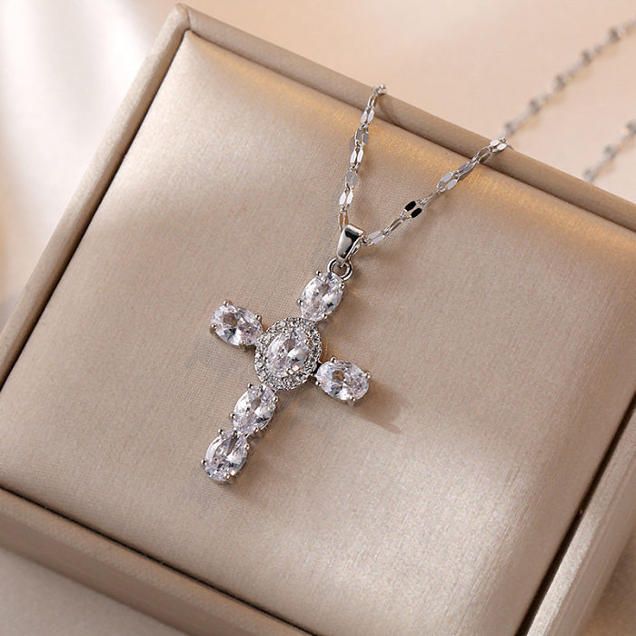 Casual Simple Style Cross Stainless Steel Inlay Zircon Pendant Necklace