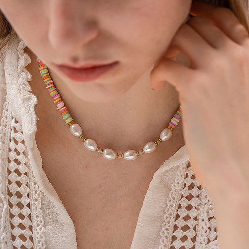 INS Style rétro classique Style géométrique en acier inoxydable perle d'eau douce perlée collier plaqué or 18 carats