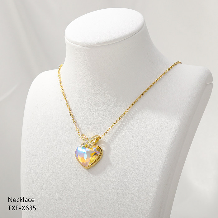 Collier pendentif en forme de cœur doux de Style IG, placage en acier inoxydable, incrustation de strass, perle en Zircon