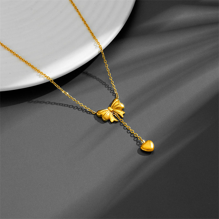 Colar com pingente banhado a ouro 18K, estilo simples, formato de coração, laço, aço inoxidável