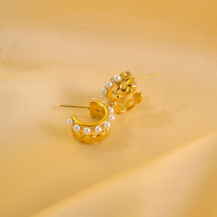 1 paire de boucles d'oreilles plaquées or, Style moderne, Simple, en forme de C, incrustation de perles en acier inoxydable