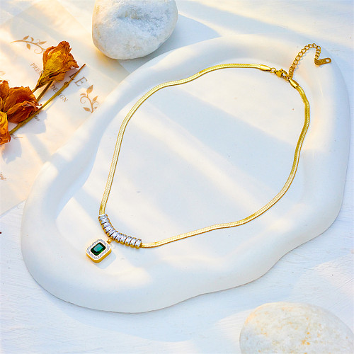 Vintage Style Square Stainless Steel  Plating Inlay Rhinestones 18K Gold Plated Pendant Necklace