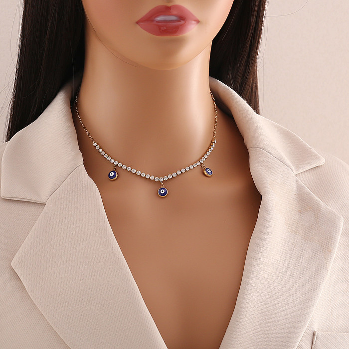Collar de diamantes de imitación artificiales con incrustaciones de esmalte de acero inoxidable con flor de ojo de estrella de estilo Simple informal