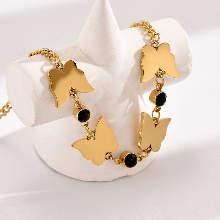 Elegant Korean Style Butterfly Stainless Steel Plating Inlay Rhinestones 14K Gold Plated Bracelets
