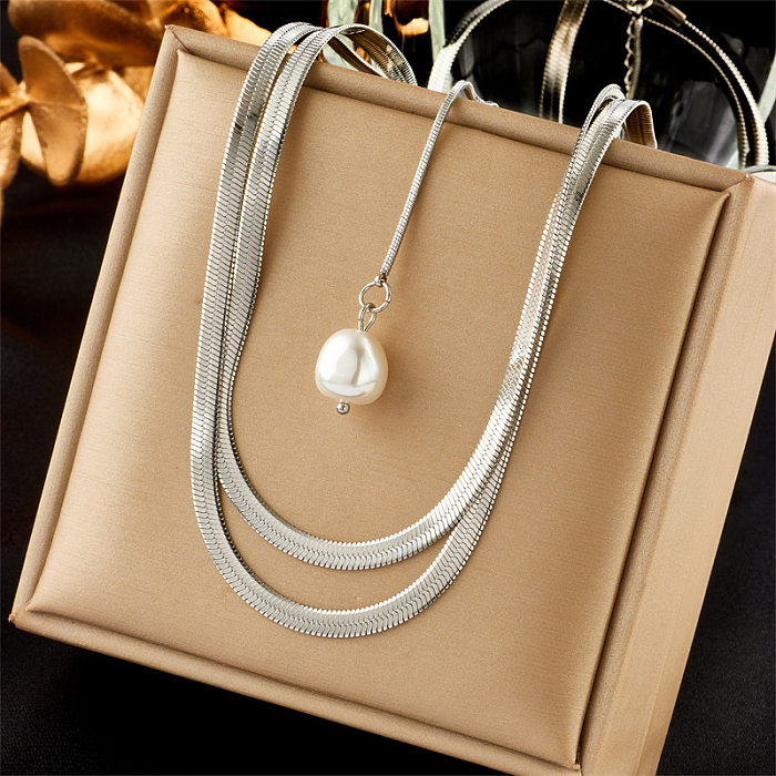 Elegant Geometric Stainless Steel Inlay Artificial Pearls 18K Gold Plated Layered Necklaces