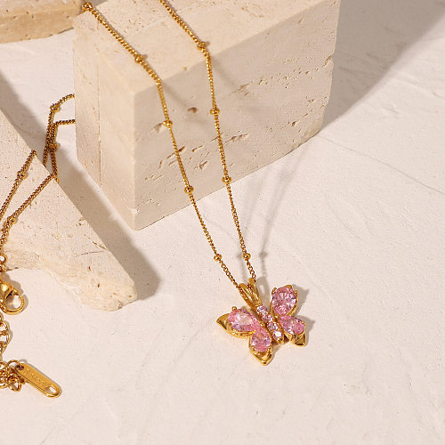 New 18K Gold-plated Stainless Steel  Pink Zircon Butterfly Shape Pendant Necklace