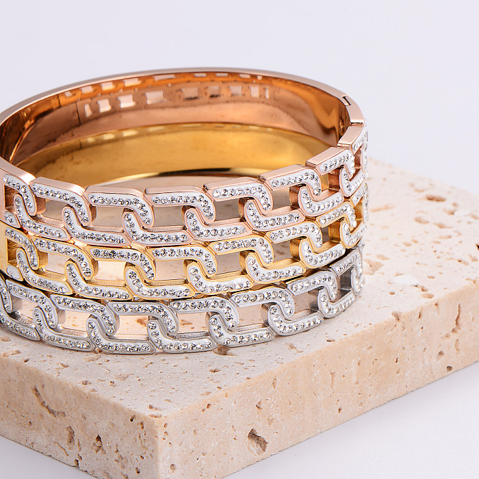 Casual estilo simples quadrilátero pontos redondos aço inoxidável chapeamento incrustações strass 18k banhado a ouro rosa pulseira banhada a ouro