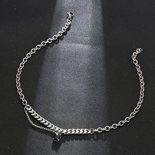 Hip-Hop Rectangle Stainless Steel Chain Inlay Gem Pendant Necklace