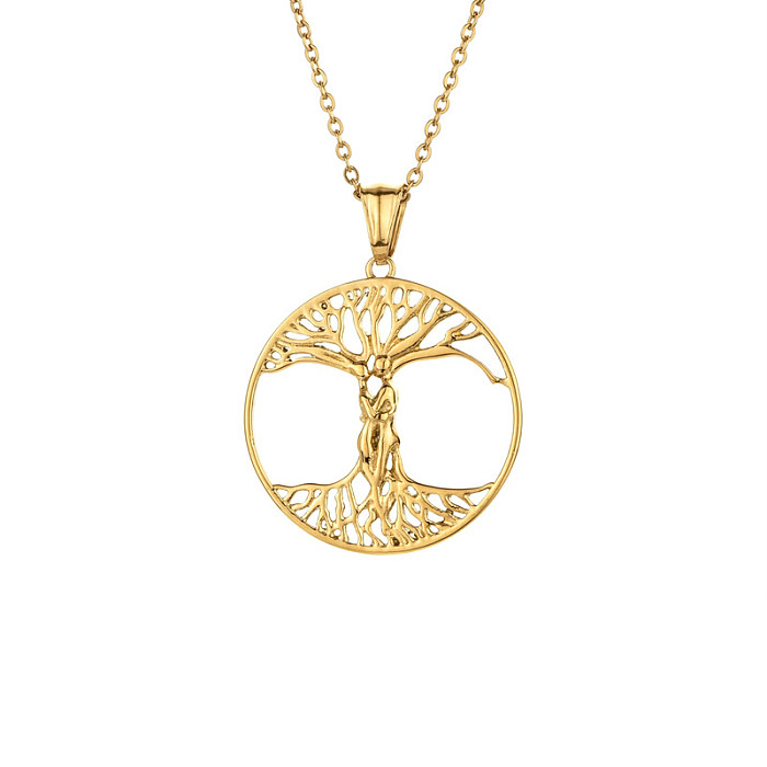 Collier pendentif plaqué or en acier inoxydable avec arbre de style simple