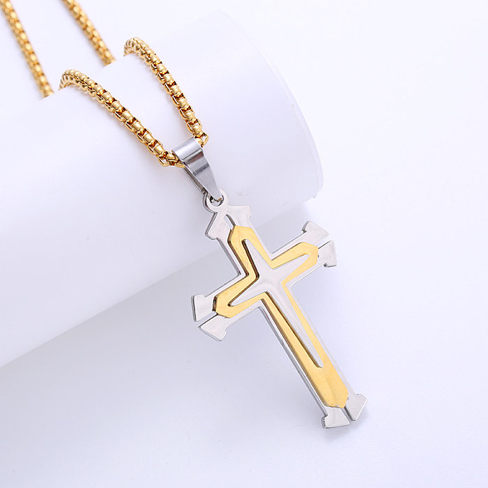Collier pendentif croix hip-hop en acier inoxydable plaqué strass