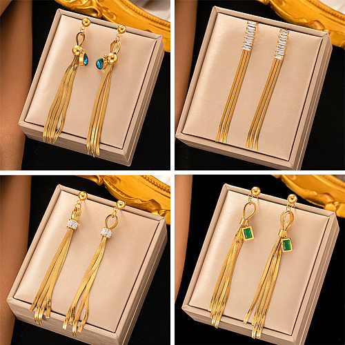 1 Paar elegante, quadratische, mit Quasten überzogene Inlay-Tropfenohrringe aus Edelstahl mit künstlichen Edelsteinen und 18 Karat vergoldet