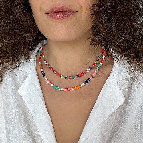 Collier de perles en pierre naturelle, perles artificielles multicolores en acier inoxydable, vacances