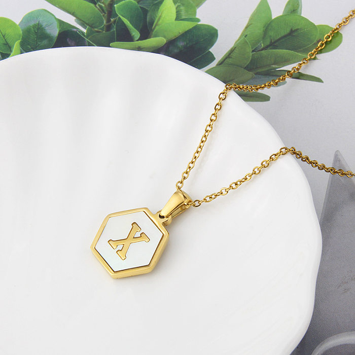 Wholesale Jewelry Simple Hexagonal White Shell 26 Letter Pendant Stainless Steel  Necklace jewelry