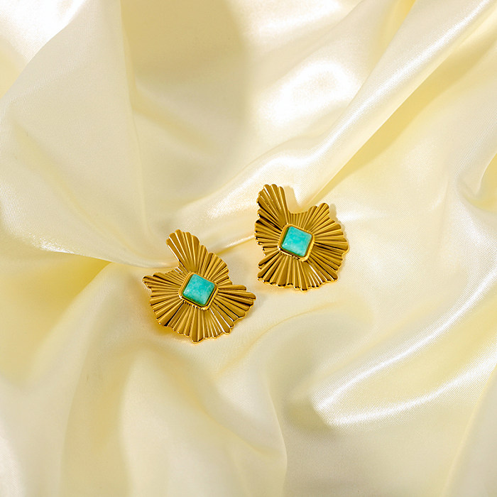 1 Paar Retro-Ohrringe in quadratischer Herzform mit Inlay aus Edelstahl und Naturstein, 18 Karat vergoldet