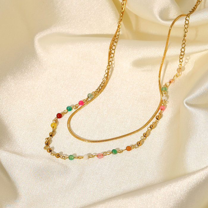 Fashion Colorful Stone Beads 18K Gold Stainless Steel  Ball Bead Snake Chain Double Layer Stainless Steel Necklace
