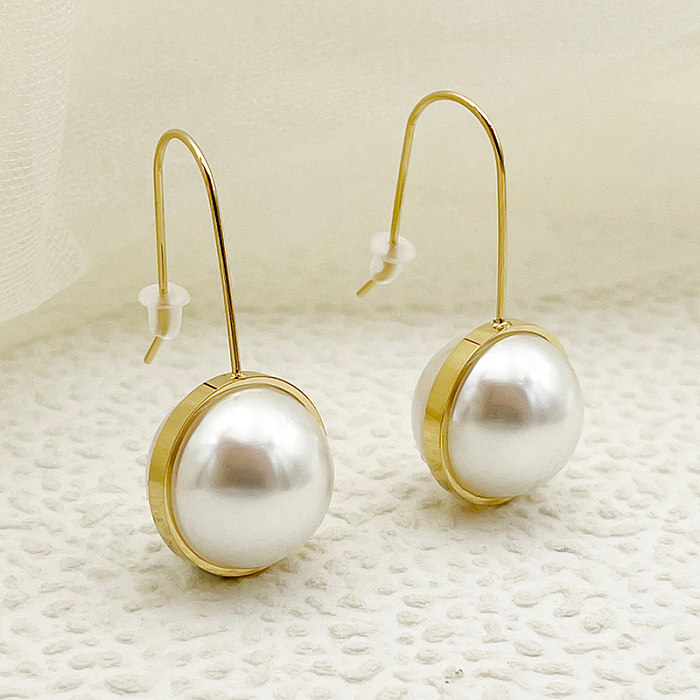 1 paire décontracté élégant doux rond placage incrustation en acier inoxydable perle plaqué or ligne d'oreille