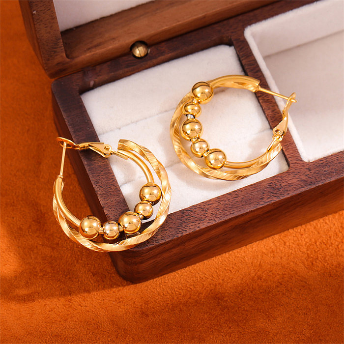 Anel de orelha de aço inoxidável moda europeia e americana brincos torcidos femininos contas de corda e contas redondas brincos transfronteiriços estilo Hong Kong brincos de anel duplo de metal retrô