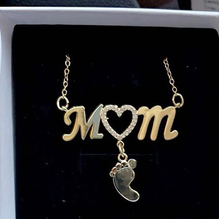 Fashion MAMA Letter Heart Shape Footprint Stainless Steel  Inlay Rhinestones Necklace