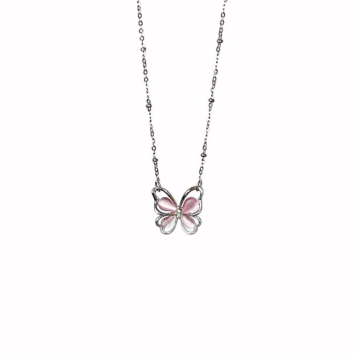 Sweet Butterfly Stainless Steel Plating Inlay Zircon Pendant Necklace