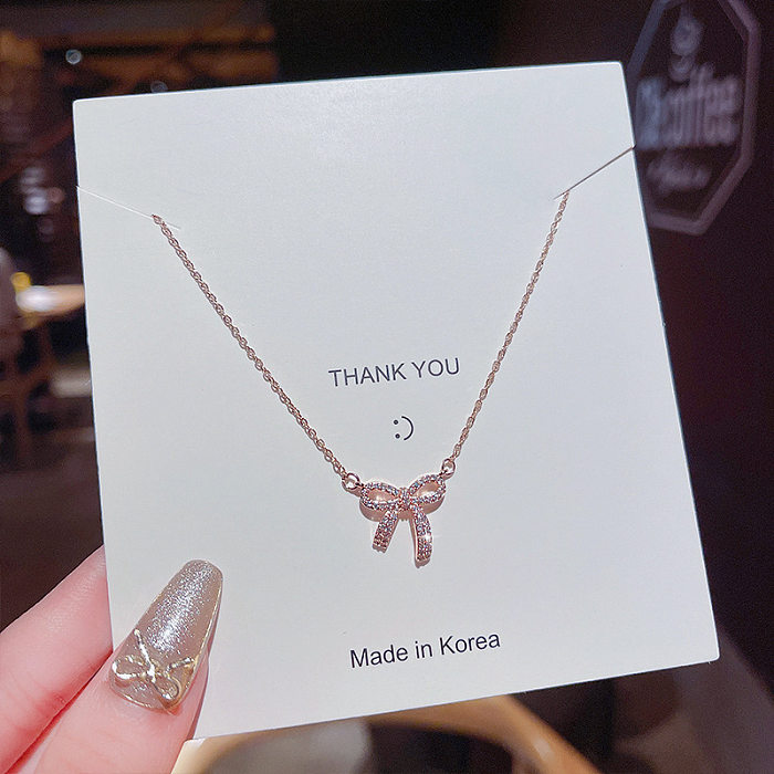 Simple Style Bow Knot Stainless Steel Inlay Zircon Pendant Necklace