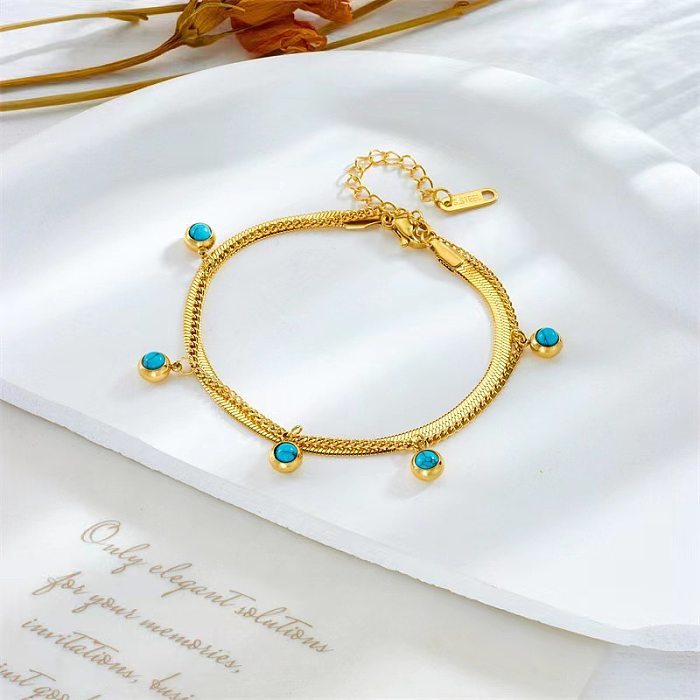 Simple Style Round Titanium Steel Plating Inlay Turquoise 18K Gold Plated Bracelets