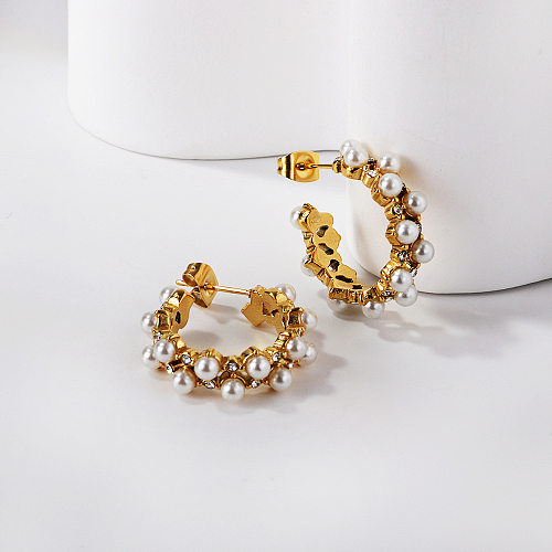 1 par de pendientes de circón de perlas artificiales de acero inoxidable con incrustaciones de rayas en espiral en forma de C de estilo Simple Retro