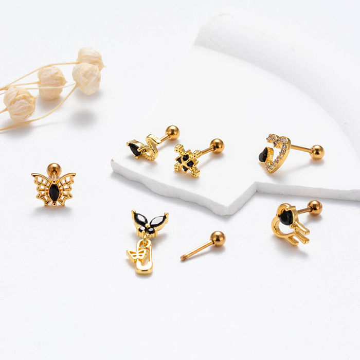 Boucles d'oreilles rétro géométriques en forme de cœur, incrustation de placage papillon en acier inoxydable, Zircon plaqué or 1 carats, 18 pièce