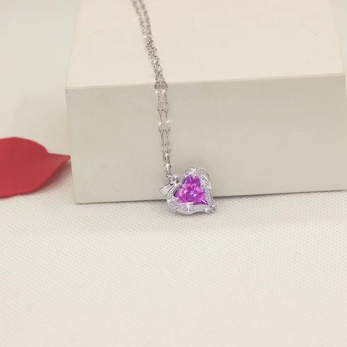 Lady Heart Shape Stainless Steel Inlay Artificial Gemstones Pendant Necklace