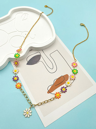 Halskette mit Anhänger „Prinzessin“, niedlicher einfacher Stil, Blume, Edelstahl, Emaille-Beschichtung, vergoldet