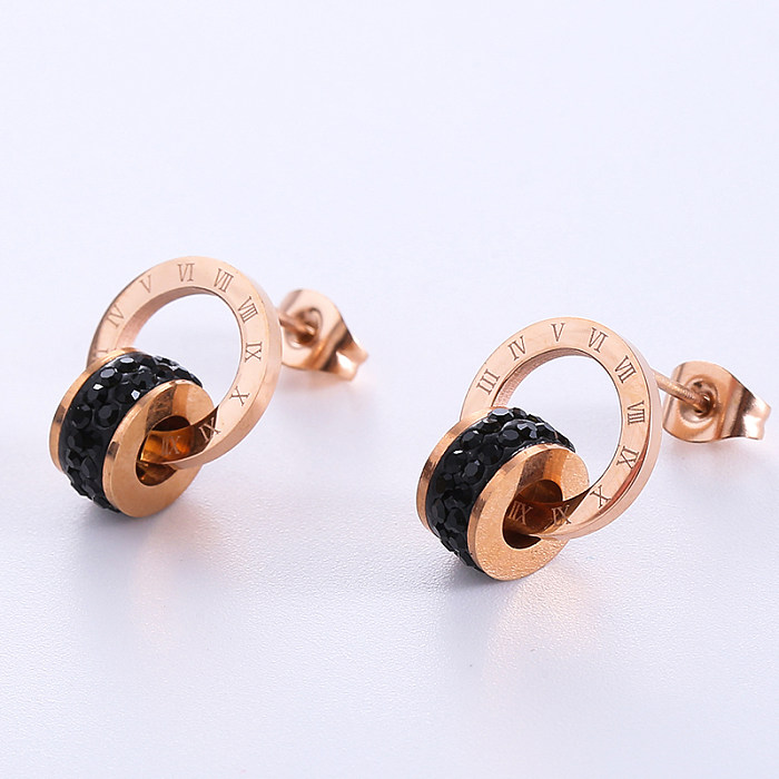 1 Pair Casual Roman Numeral Plating Inlay Stainless Steel  Artificial Diamond 18K Gold Plated Rose Gold Plated Ear Studs