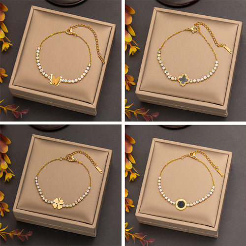 Casual Simple Style Four Leaf Clover Round Butterfly Titanium Steel Plating Inlay Shell Zircon Bracelets