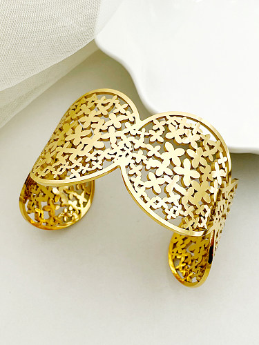 Nordic Style Exaggerated Four Leaf Clover Stainless Steel Plating Hollow Out 14K Gold Plated Bangle