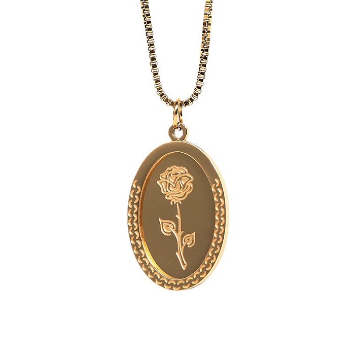 Vintage Style Romantic Rose Stainless Steel  Plating Carving 18K Gold Plated Pendant Necklace