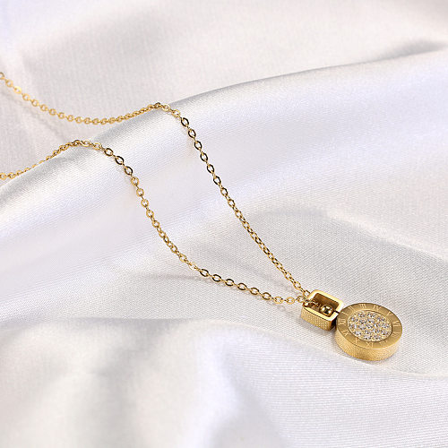 Simple Style Round Stainless Steel Inlay Rhinestones 14K Gold Plated Pendant Necklace