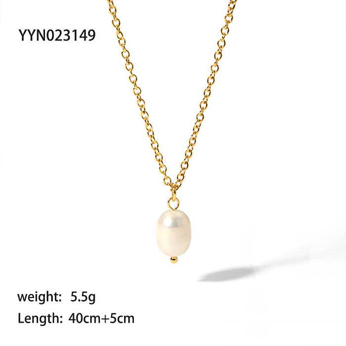 Simple Style Solid Color Stainless Steel  Pearl 18K Gold Plated Pendant Necklace