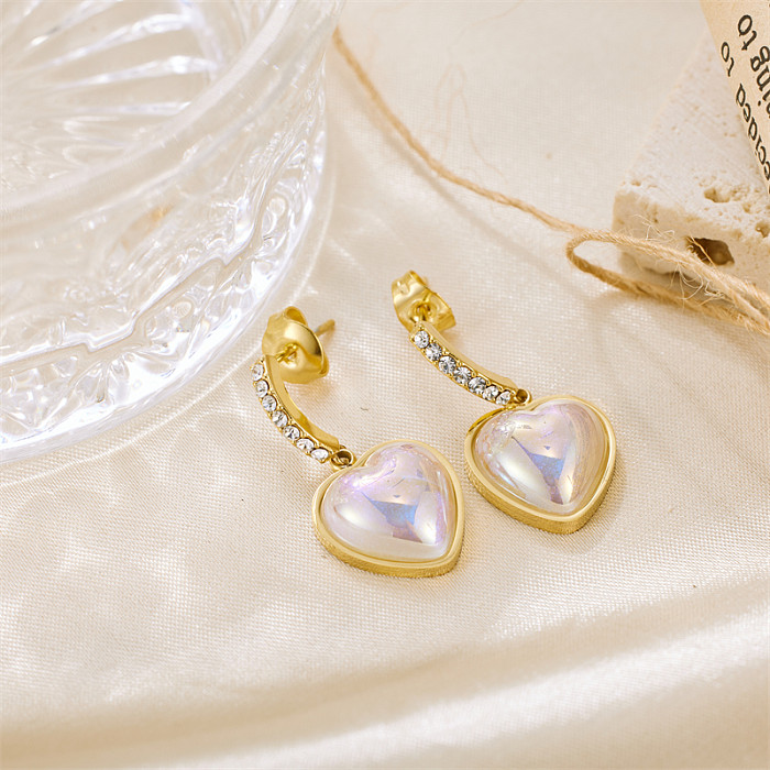 1 Pair Vintage Style Simple Style Heart Shape Inlay Stainless Steel  Rhinestones 18K Gold Plated Earrings