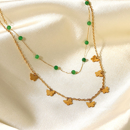 Moda 18k ouro ornamento de aço inoxidável pedra verde pequenas contas borboleta borla duplo colar de aço inoxidável