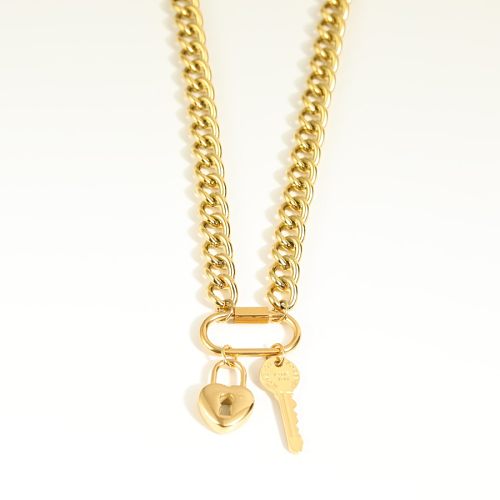 Colar com pingente banhado a ouro 18K, casual, estilo simples, formato de coração, fechadura com chave