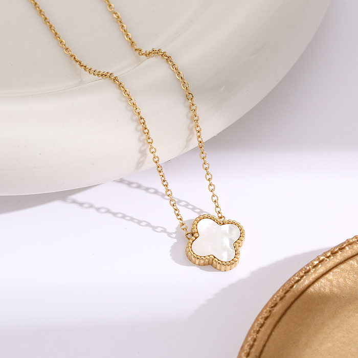 Lady Sweet Four Leaf Clover Stainless Steel  Plating Inlay Shell 18K Gold Plated Pendant Necklace