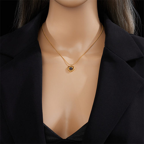 Retro Heart Shape Stainless Steel Plating Inlay Opal 18K Gold Plated Pendant Necklace