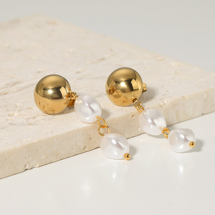 1 Paar elegante ovale 18-Karat-vergoldete Ohrhänger aus Edelstahl im IG-Stil mit Perlenbeschichtung